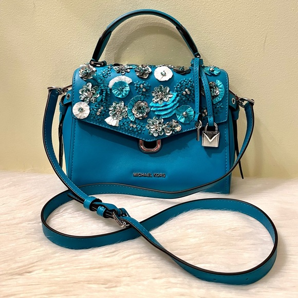 RARE Michael Kors Floral Sequined Leather Satchel - Picture 2 of 10